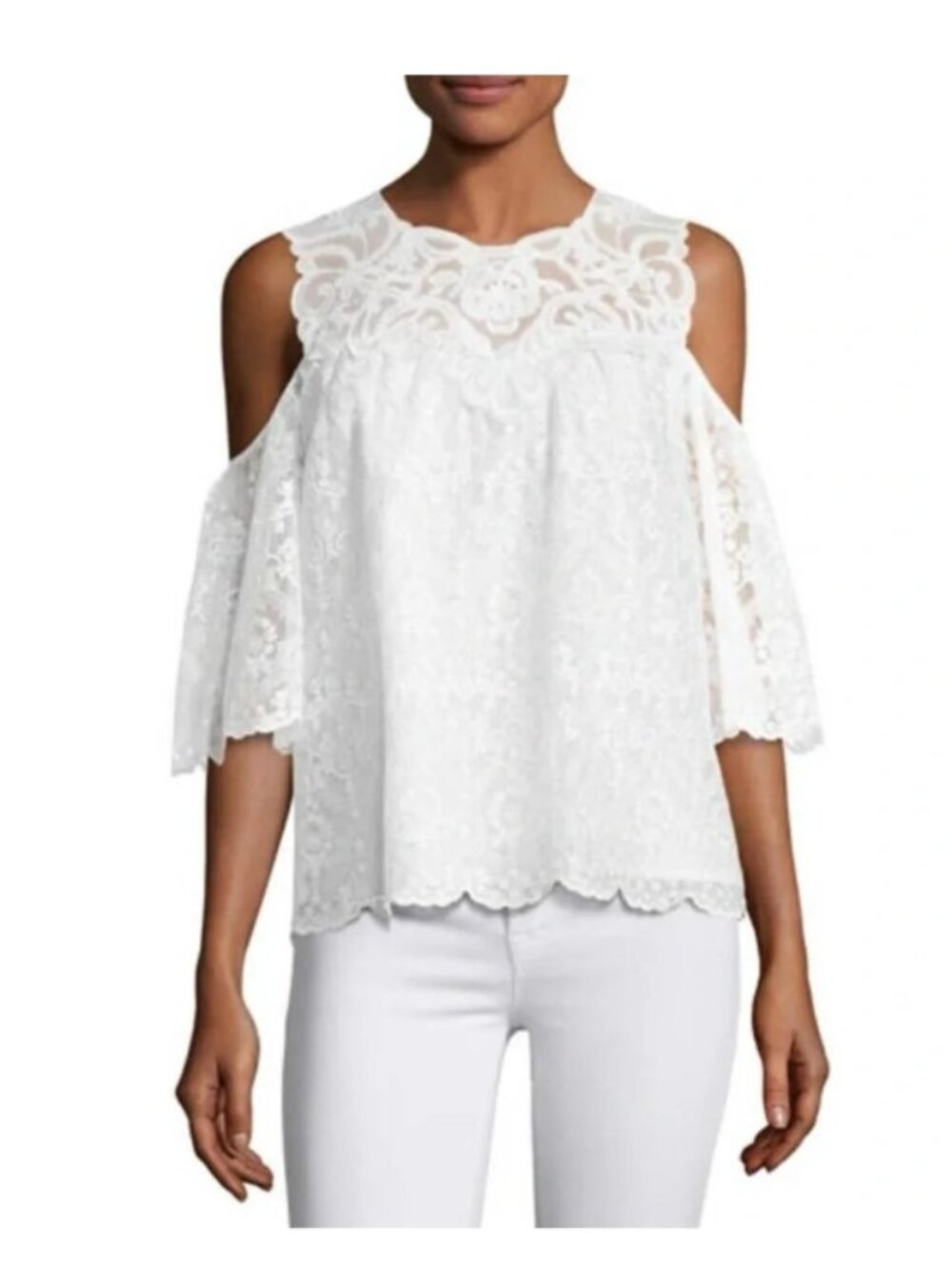 Kobi Halperin Klarissa Womens White Lace Silk Blouse XS Cold-Shoulder Romantic